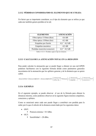 67
2.13.2 PÉRDIDAS CONSIDERANDO EL ELEMENTO QUE SE UTILIZA
Un factor que es importante considerar, es el tipo de elemento que se utiliza ya que
cada uno también genera perdida en la red.
ELEMENTO ATENUACIÓN
Fibra óptica 1310nm (Km) -0,4 dB
Fibra óptica 1550nm (km) -0,3 dB
Empalme por fusión -0,1 ῀ -0,2 dB
Empalme mecánico -0,5 dB
Perdidas inserción (conector) -0,3 ῀ -0,5 dB
Tabla 2.13.2-1: Perdidas según el tipo de elemento.
2.13.3 CALCULO DE LA ATENUACIÓN TOTAL EN LA RED GPON
Para poder calcular la atenuación que se puede llegar a obtener en una red GPON
podemos facilitarnos con la siguiente formula donde como parámetros generales
necesitamos de la atenuación que los splitters generan y de la distancia que se quiere
cubrir.
  









































 ª*ª**
/
21 N
conectores
Atenuacion
N
empalme
Atenuacion
Distnacia
kmfibra
Atenuacion
SpliterAtenuacionSpliterAtneuacionotalAtnuaciónT
2.13.4 EJEMPLO
En el siguiente ejemplo, se puede observar el uso de la fórmula para obtener la
distancia máxima, como podemos observar en la siguiente figura tenemos empalmes,
conectores y splitters.
Como se mencionó antes cada uno puede llegar a contribuir con perdida para la
señal, por lo que el cálculo de la distancia estará dado por los siguientes datos:
 ONT:
 Potencia mínima = 0.5 dBm.
 OLT:
 Sensibilidad = -28 dBm.
 
