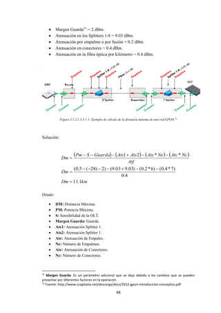 68
 Margen Guarda51
= 2 dBm.
 Atenuación en los Splitters 1:8 = 9.03 dBm.
 Atenuación por empalme o por fusión = 0.2 dBm.
 Atenuación en conectores = 0.4 dBm.
 Atenuación en la fibra óptica por kilómetro = 0.4 dBm.
Figura 3.1.2.1.3.3.1-1: Ejemplo de cálculo de la distancia máxima de una red GPON.52
Solución:
Dónde:
 DM: Distancia Máxima.
 PM: Potencia Máxima.
 S: Sensibilidad de la OLT.
 Margen Guarda: Guarda.
 Ats1: Atenuación Splitter 1.
 Ats2: Atenuación Splitter 1.
 Ate: Atenuación de Empales.
 Ne: Número de Empalmes.
 Atc: Atenuación de Conectores.
 Nc: Número de Conectores.
51
Margen Guarda: Es un parámetro adicional que se deja debido a los cambios que se pueden
presentar por diferentes factores en la operación.
52
Fuente: http://www.ccapitalia.net/descarga/docs/2012-gpon-introduccion-conceptos.pdf
       
kmDm
Dm
Atf
NcAtcNeAteAtsAtsGuardaSPm
Dm
1.11
4.0
)7*4.0()6*2.0()03.903.9()2)28(5.0(
**21





 