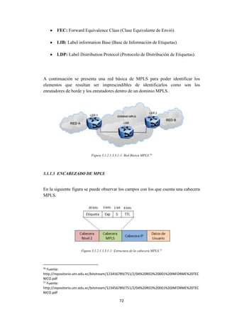 72
 FEC: Forward Equivalence Class (Clase Equivalente de Envió).
 LIB: Label information Base (Base de Información de Etiquetas).
 LDP: Label Distribution Protocol (Protocolo de Distribución de Etiquetas).
A continuación se presenta una red básica de MPLS para poder identificar los
elementos que resultan ser imprescindibles de identificarlos como son los
enrutadores de borde y los enrutadores dentro de un dominio MPLS.
Figura 3.1.2.1.3.3.1-1: Red Básica MPLS.56
3.1.1.3 ENCABEZADO DE MPLS
En la siguiente figura se puede observar los campos con los que cuenta una cabecera
MPLS.
Figura 3.1.2.1.3.3.1-1: Estructura de la cabecera MPLS.57
56
Fuente:
http://repositorio.utn.edu.ec/bitstream/123456789/751/2/04%20RED%20001%20INFORME%20TEC
NICO.pdf
57
Fuente:
http://repositorio.utn.edu.ec/bitstream/123456789/751/2/04%20RED%20001%20INFORME%20TEC
NICO.pdf
 