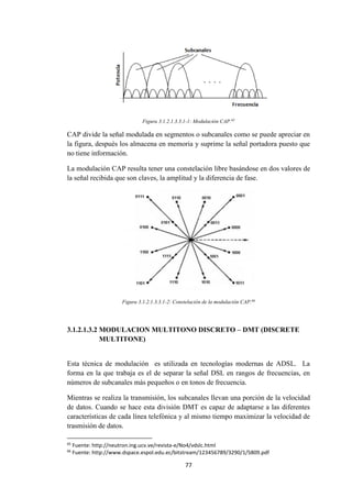 77
Figura 3.1.2.1.3.3.1-1: Modulación CAP.65
CAP divide la señal modulada en segmentos o subcanales como se puede apreciar en
la figura, después los almacena en memoria y suprime la señal portadora puesto que
no tiene información.
La modulación CAP resulta tener una constelación libre basándose en dos valores de
la señal recibida que son claves, la amplitud y la diferencia de fase.
Figura 3.1.2.1.3.3.1-2: Constelación de la modulación CAP.66
3.1.2.1.3.2 MODULACION MULTITONO DISCRETO – DMT (DISCRETE
MULTITONE)
Esta técnica de modulación es utilizada en tecnologías modernas de ADSL. La
forma en la que trabaja es el de separar la señal DSL en rangos de frecuencias, en
números de subcanales más pequeños o en tonos de frecuencia.
Mientras se realiza la transmisión, los subcanales llevan una porción de la velocidad
de datos. Cuando se hace esta división DMT es capaz de adaptarse a las diferentes
características de cada línea telefónica y al mismo tiempo maximizar la velocidad de
trasmisión de datos.
65
Fuente: http://neutron.ing.ucv.ve/revista-e/No4/vdslc.html
66
Fuente: http://www.dspace.espol.edu.ec/bitstream/123456789/3290/1/5809.pdf
 