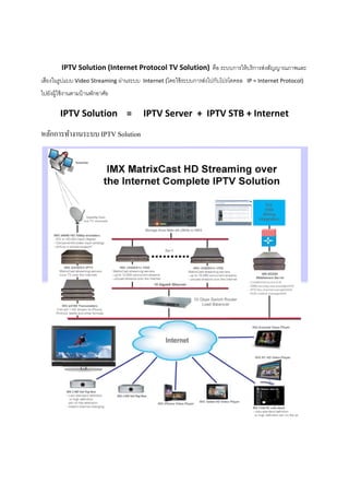  


        IPTV Solut
        I        tion (Inter
                           rnet Proto        olution)  คือ ระบบการให้ บ การส่งสัญญา
                                    ocol TV So                        บริ         าณภาพและ
เสียงในรูป Video S
         ปแบบ    Streaming ผ่าน
                              นระบบ   Internet (โดยใช้ ระบ
                                                         บบการส่งไปกับ
                                                                    บโปรโตคอล  IP
                                                                                P = Internet Protocol) 

ไปยังผู้ใช้ ง
            งานตามบ้ านพัก ย 
                        กอาศั

        I
        IPTV Sol
               lution  =     IPT
                               TV Serve
                                      er  +  IPT
                                               TV STB +
                                                      + Internet 
หลักการ างานระบ IPTV So
      รทํ     บบ      olution




                                                                                                      




 
 