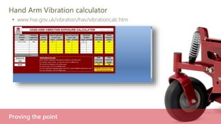 Hand Arm Vibration calculator
• www.hse.gov.uk/vibration/hav/vibrationcalc.htm
Proving the point
 