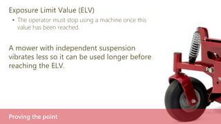Exposure Limit Value (ELV)
• The operator must stop using a machine once this
value has been reached.
A mower with independent suspension
vibrates less so it can be used longer before
reaching the ELV.
Proving the point
 