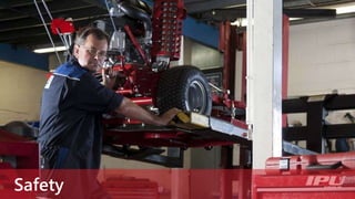 Independent suspension keeps the braking
wheels on the ground. This can become
critical when loading and unloading mowers.
Wheels on the ground can stop the mower.
Wheels in the air can’t.
Effective braking, enhanced safety
 