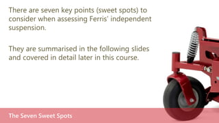 There are seven key points (sweet spots) to
consider when assessing Ferris’ independent
suspension.
They are summarised in the following slides
and covered in detail later in this course.
The Seven Sweet Spots
 