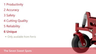 1 Productivity
2 Accuracy
3 Safety
4 Cutting Quality
5 Reliability
6 Unique
• Only available from Ferris
The Seven Sweet Spots
 