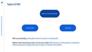 1
2
Forecasting&CalculatingROIforSEO
Types of ROI
Return on Investment (ROI)
Actual ROIProjected ROI
ROI is essentially ambivalent when it comes to total proﬁt.
Rather than focusing on how much was made, ROI focuses on the proﬁt a marketing
effort produced compared to the amount invested in the effort.
 