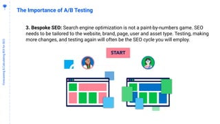 3
8
Forecasting&CalculatingROIforSEO
The Importance of A/B Testing
3. Bespoke SEO: Search engine optimization is not a paint-by-numbers game. SEO
needs to be tailored to the website, brand, page, user and asset type. Testing, making
more changes, and testing again will often be the SEO cycle you will employ.
 