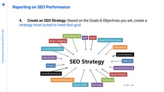 5
4
Forecasting&CalculatingROIforSEO
Reporting on SEO Performance
4. Create an SEO Strategy: Based on the Goals & Objectives you set, create a
strategy most suited to meet that goal
 