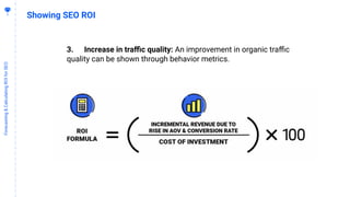 6
0
Forecasting&CalculatingROIforSEO
Showing SEO ROI
3. Increase in traﬃc quality: An improvement in organic traﬃc
quality can be shown through behavior metrics.
 