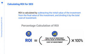 6
2
Forecasting&CalculatingROIforSEO
Calculating ROI for SEO
ROI is calculated by subtracting the initial value of the investment
from the ﬁnal value of the investment, and dividing it by the total
cost of investment.
 
