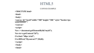 HTML5
CANVAS-EXAMPLE
<!DOCTYPE html>
<html>
<body>
<canvas id=”myid”width=”300” height=”200 ” style=”border:1px
solid#000000”>
</canvas>
<script>
Var c = document.getElementById(“myid”);
Var ctx=c.getContext(“2d”);
Ctx.font=”40px Arial”;
Ctx.fillText(“Mycanvas!!!”,20,60);
</script>
</body>
</html>
 