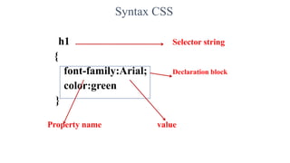 Syntax CSS
h1 Selector string
{
font-family:Arial; Declaration block
color:green
}
Property name value
 