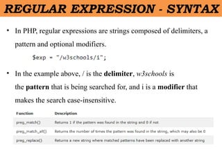 • In PHP, regular expressions are strings composed of delimiters, a
pattern and optional modifiers.
• In the example above, / is the delimiter, w3schools is
the pattern that is being searched for, and i is a modifier that
makes the search case-insensitive.
REGULAR EXPRESSION - SYNTAX
 