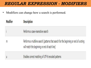 • Modifiers can change how a search is performed.
REGULAR EXPRESSION - MODIFIERS
 