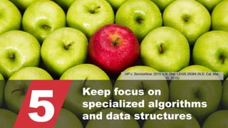 © 2015 ROBINS KAPLAN LLP 40
5
Keep focus on
specialized algorithms
and data structures
HP v. ServiceNow, 2015 U.S. Dist. LEXIS 29384 (N.D. Cal. Mar.
10, 2015)
 