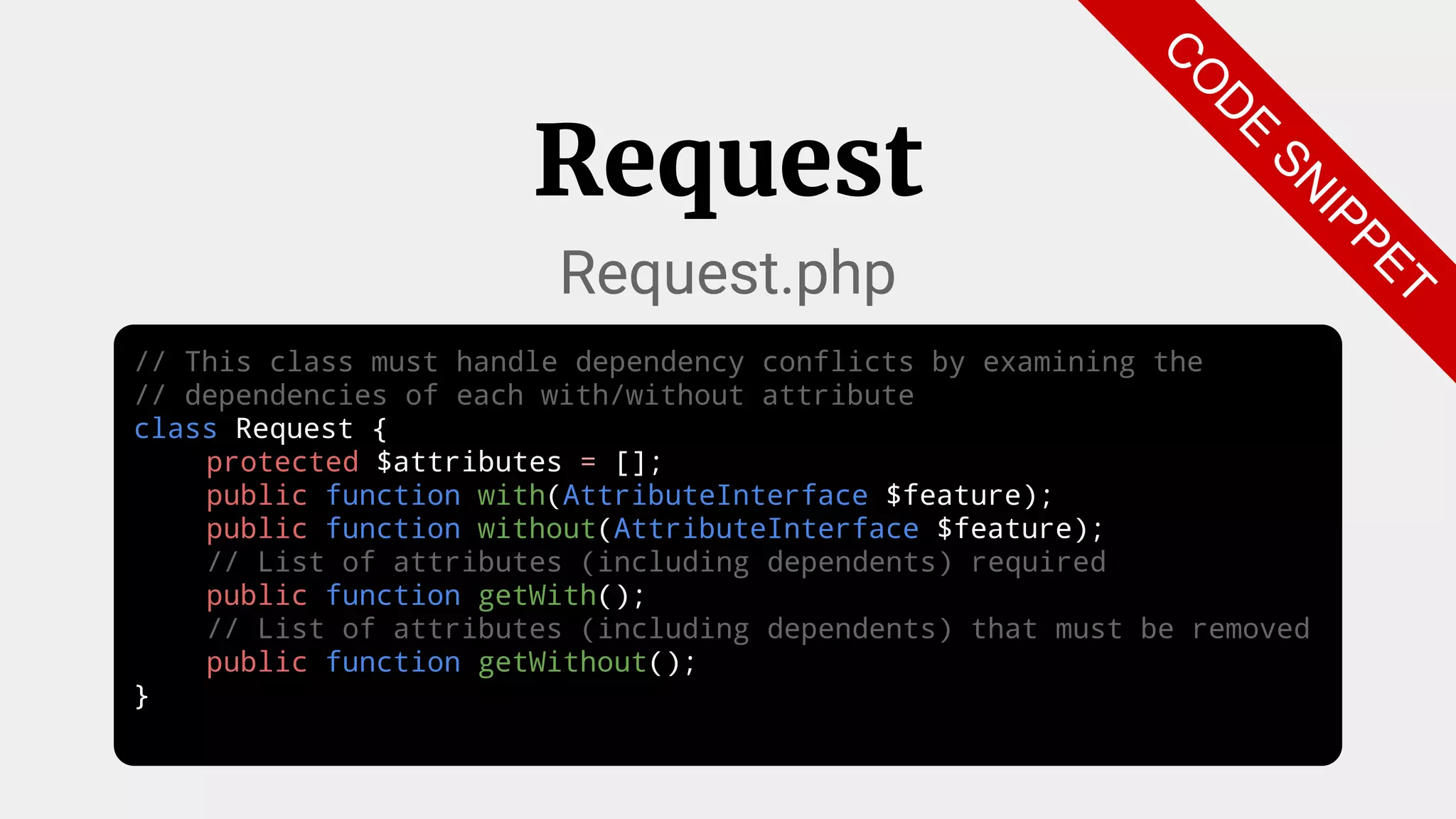 // This class must handle dependency conflicts by examining the
// dependencies of each with/without attribute
class Request {
protected $attributes = [];
public function with(AttributeInterface $feature);
public function without(AttributeInterface $feature);
// List of attributes (including dependents) required
public function getWith();
// List of attributes (including dependents) that must be removed
public function getWithout();
}
Request
Request.php
C
O
D
E
SN
IPPET
 