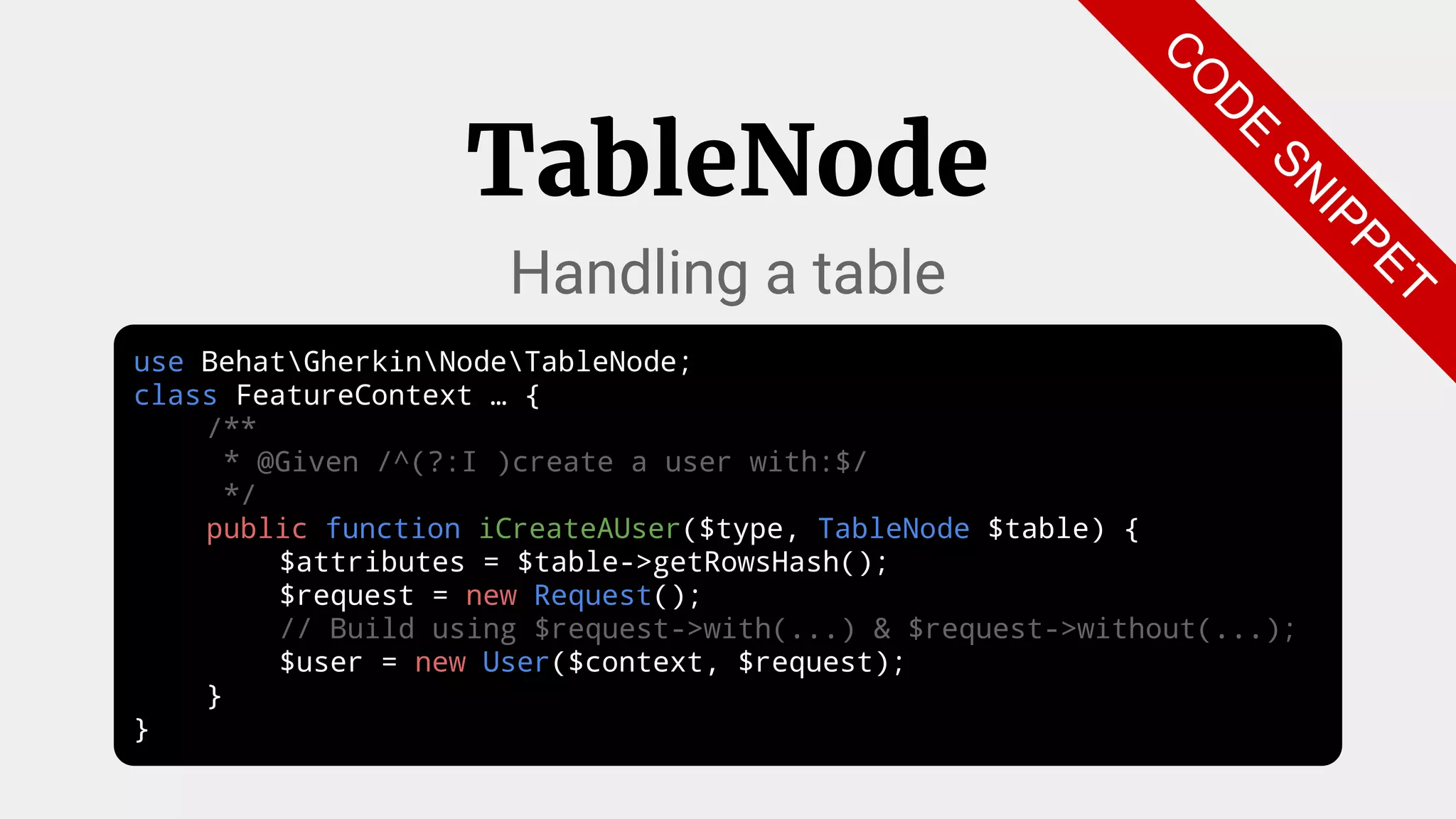 use BehatGherkinNodeTableNode;
class FeatureContext … {
/**
* @Given /^(?:I )create a user with:$/
*/
public function iCreateAUser($type, TableNode $table) {
$attributes = $table->getRowsHash();
$request = new Request();
// Build using $request->with(...) & $request->without(...);
$user = new User($context, $request);
}
}
TableNode
Handling a table
C
O
D
E
SN
IPPET
 