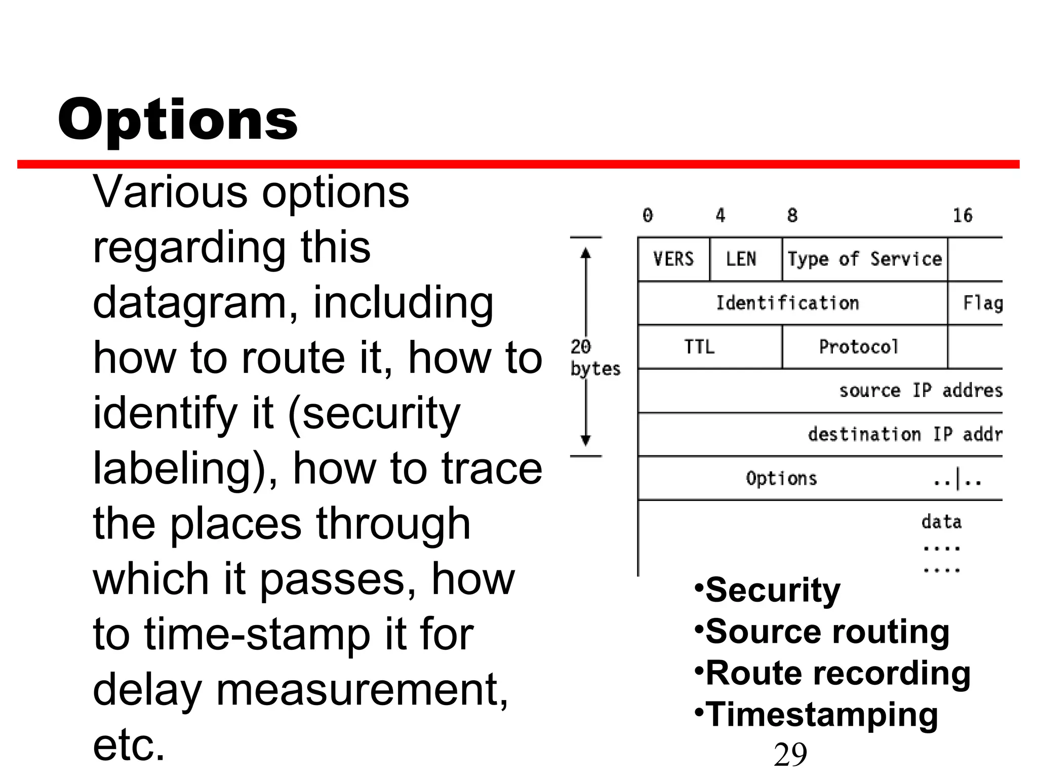 Options
 Various options
 regarding this
 datagram, including
 how to route it, how to
 identify it (security
 labeling), how to trace
 the places through
 which it passes, how      •Security
 to time-stamp it for      •Source routing
                           •Route recording
 delay measurement,        •Timestamping
 etc.                          29
 