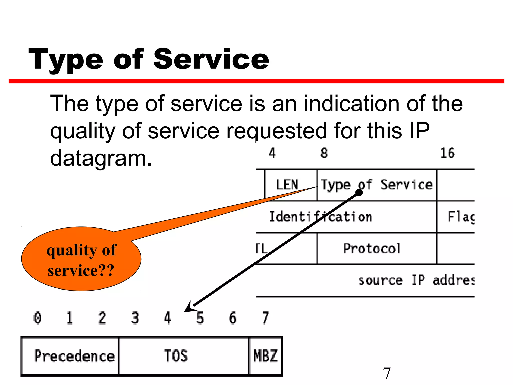 Type of Service
 The type of service is an indication of the
 quality of service requested for this IP
 datagram.


 quality of
 service??




                                   7
 