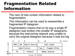 Fragmentation Related
Information
  The next 32 bits contain information related to
  fragmentation
  This information can be used to reassemble a
  fragmented IP datagram
  Fragmentation means that on its way a single IP
  datagram was broken into smaller IP datagrams
  because the intervening network was unable to
  carry the original datagram because it was too big




                                         12
 