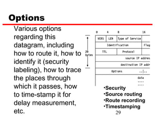 Options
 Various options
 regarding this
 datagram, including
 how to route it, how to
 identify it (security
 labeling), how to trace
 the places through
 which it passes, how      •Security
 to time-stamp it for      •Source routing
                           •Route recording
 delay measurement,        •Timestamping
 etc.                          29
 