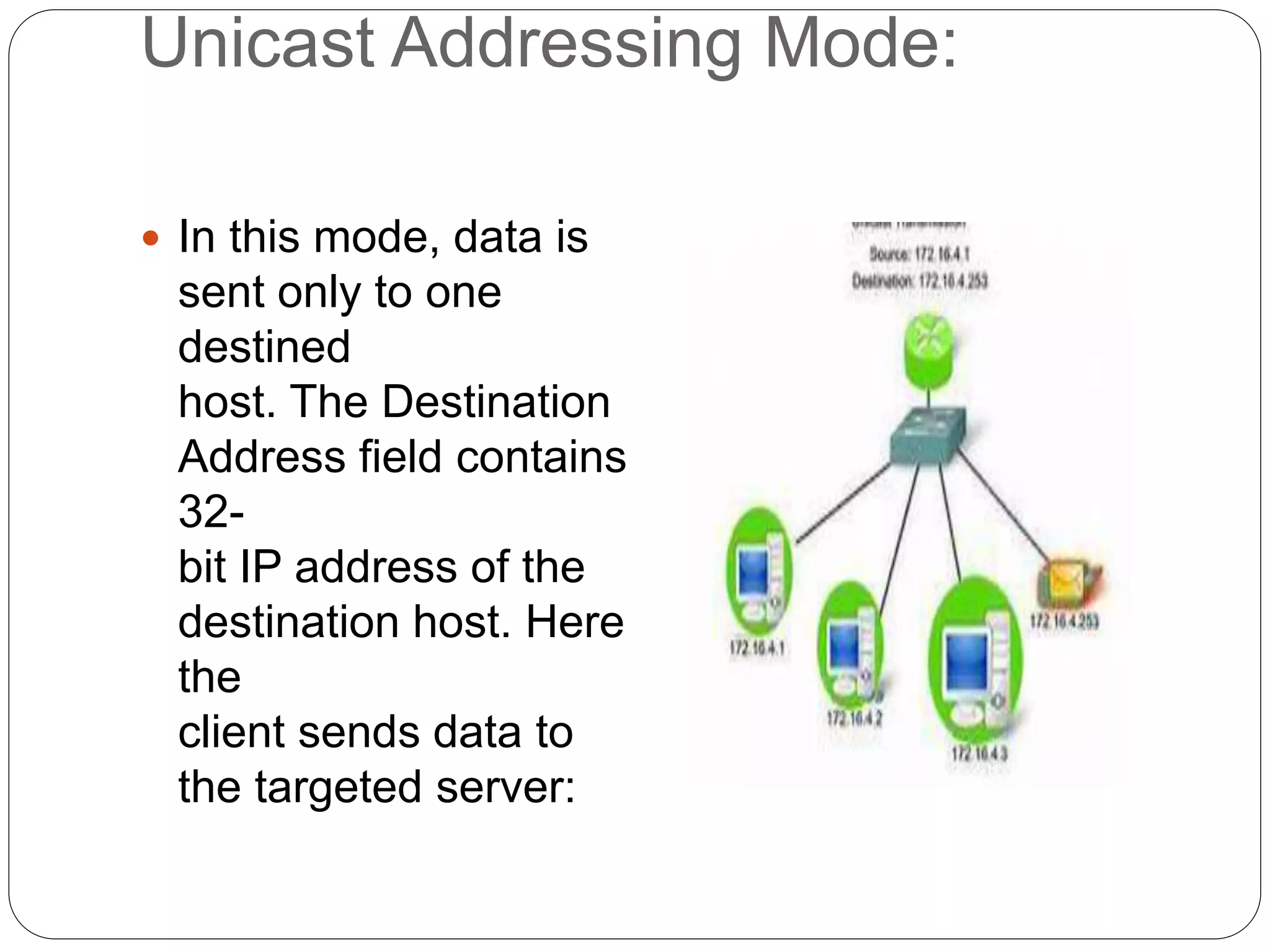 Unicast Addressing Mode:
 In this mode, data is
sent only to one
destined
host. The Destination
Address field contains
32-
bit IP address of the
destination host. Here
the
client sends data to
the targeted server:
 