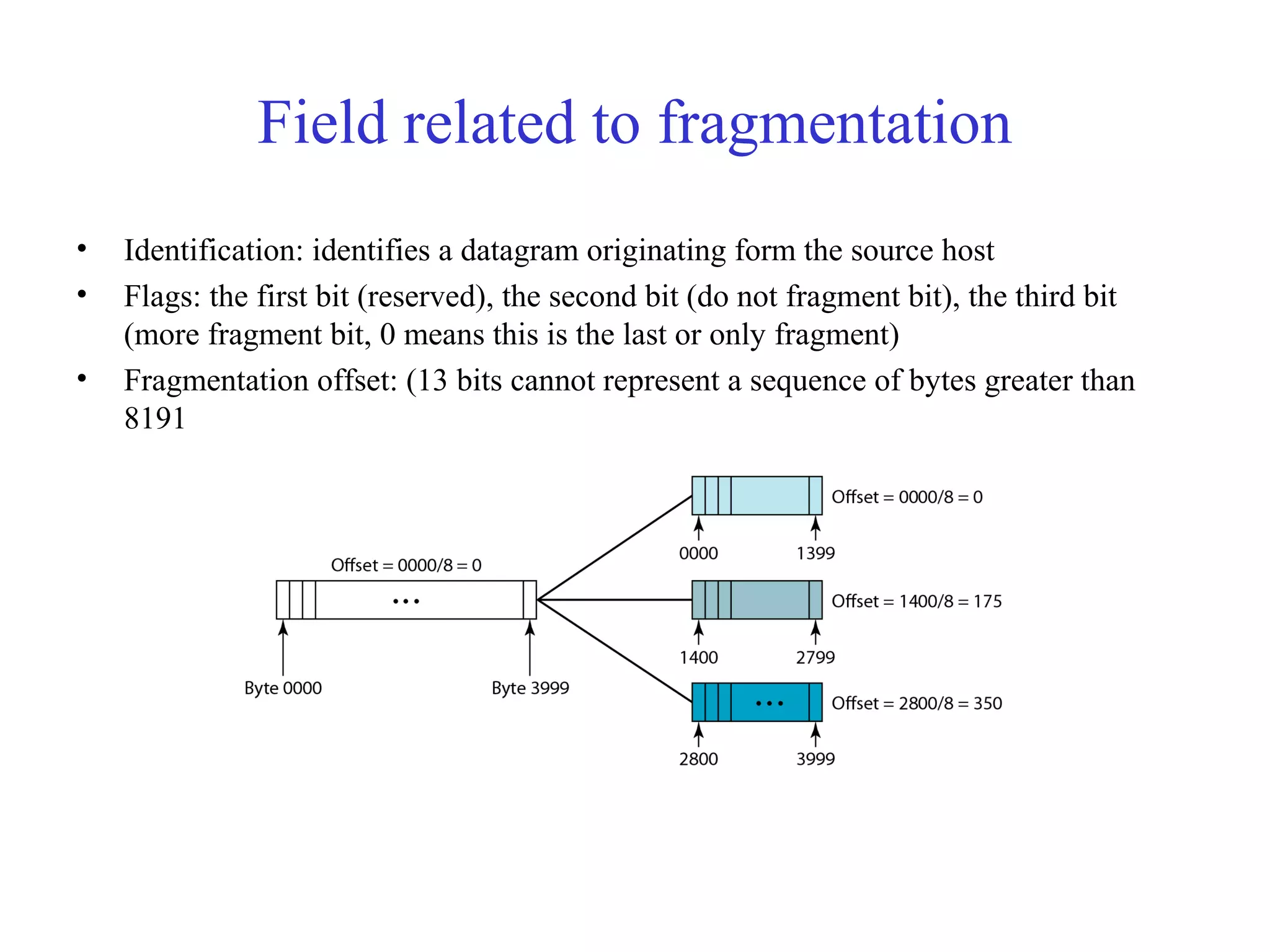 Field related to fragmentation 
• Identification: identifies a datagram originating form the source host 
• Flags: the first bit (reserved), the second bit (do not fragment bit), the third bit 
(more fragment bit, 0 means this is the last or only fragment) 
• Fragmentation offset: (13 bits cannot represent a sequence of bytes greater than 
8191 
 