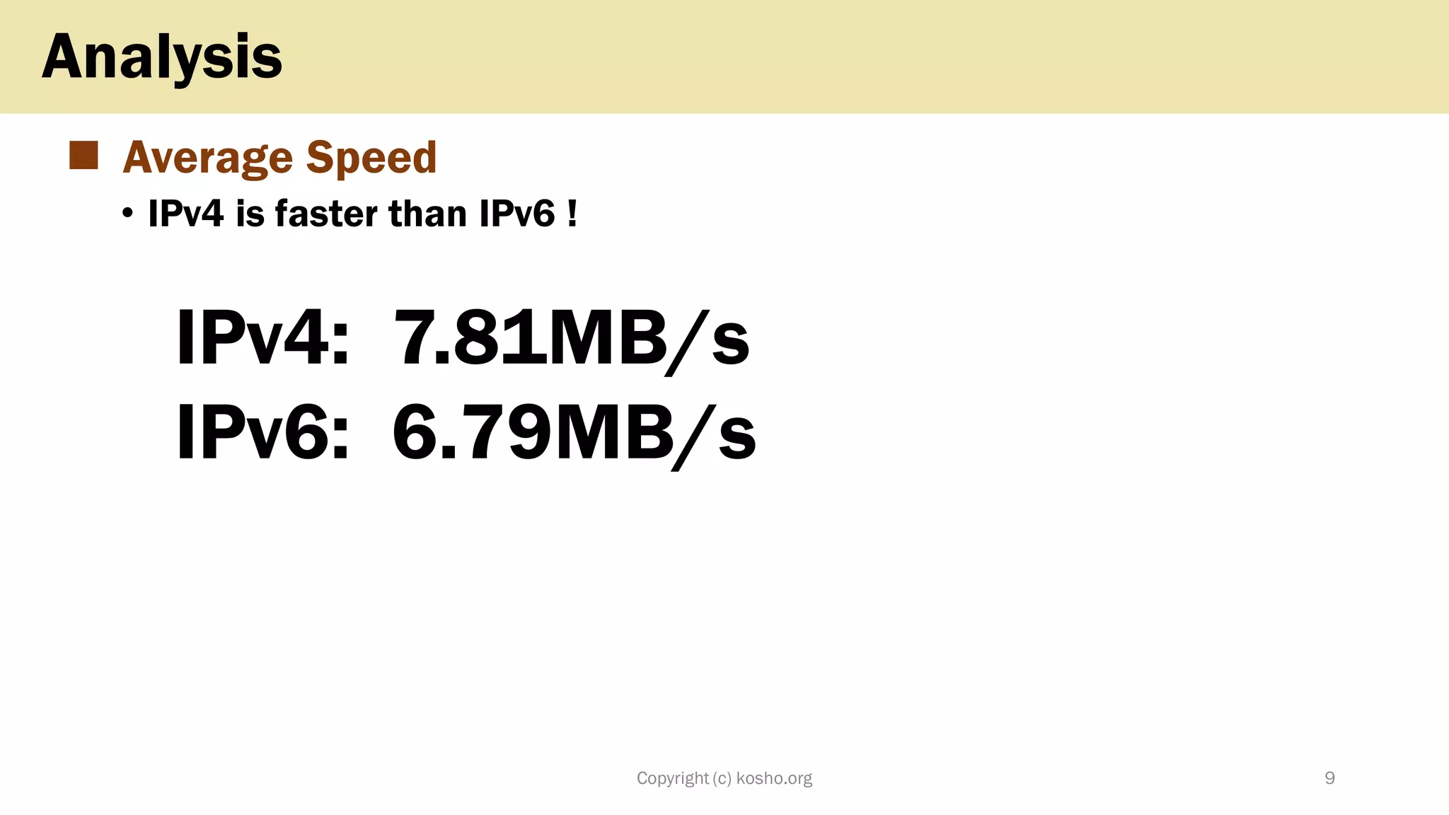 ◼ Average Speed
• IPv4 is faster than IPv6 !
IPv4: 7.81MB/s
IPv6: 6.79MB/s
Copyright (c) kosho.org 9
Analysis
 