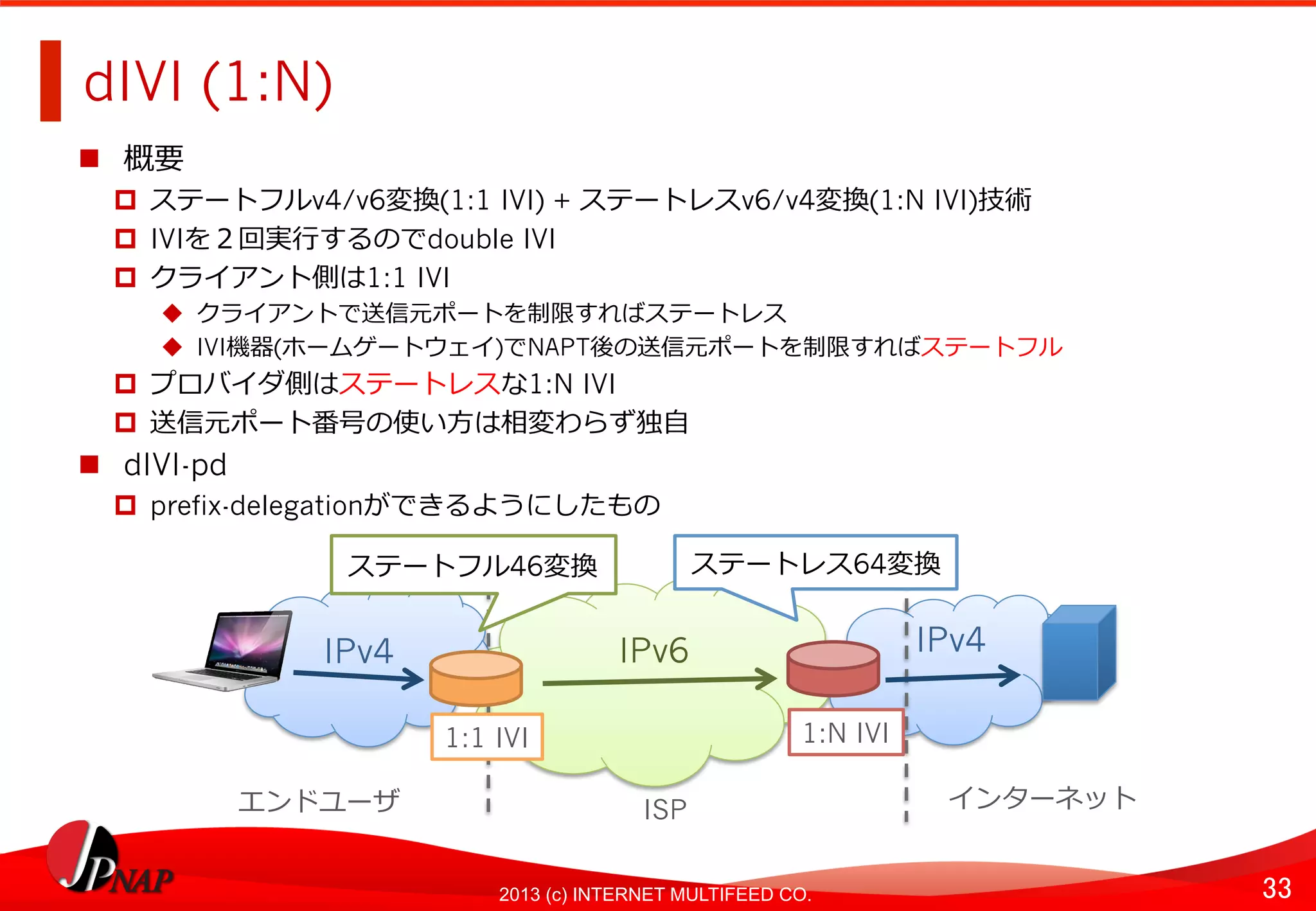 33	
2013 (c) INTERNET MULTIFEED CO.
dIVI (1:N)	
  
  概要
  ステートフルv4/v6変換(1:1 IVI) + ステートレスv6/v4変換(1:N IVI)技術
  IVIを２回実⾏行行するのでdouble IVI
  クライアント側は1:1 IVI
  クライアントで送信元ポートを制限すればステートレス
  IVI機器(ホームゲートウェイ)でNAPT後の送信元ポートを制限すればステートフル
  プロバイダ側はステートレスな1:N IVI
  送信元ポート番号の使い⽅方は相変わらず独⾃自
  dIVI-pd
  prefix-delegationができるようにしたもの
IPv6	
   IPv4	
  
1:N IVI	
  
ステートレス64変換	
  
IPv4	
  
1:1 IVI	
  
ステートフル46変換
エンドユーザ	
   ISP	
   インターネット	
  
 
