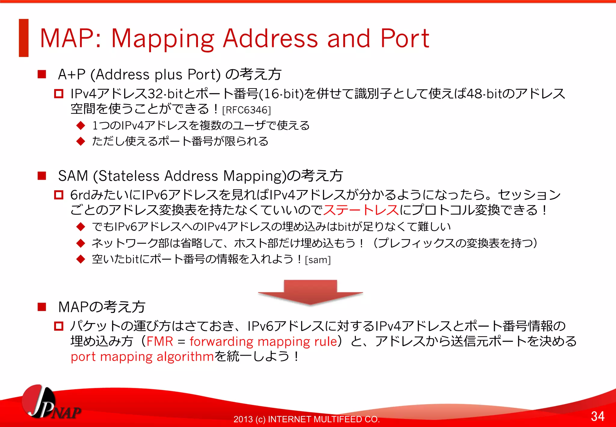 34	
2013 (c) INTERNET MULTIFEED CO.
MAP: Mapping Address and Port	
  
  A+P (Address plus Port) の考え⽅方
  IPv4アドレス32-bitとポート番号(16-bit)を併せて識識別⼦子として使えば48-bitのアドレス
空間を使うことができる！[RFC6346]
  1つのIPv4アドレスを複数のユーザで使える
  ただし使えるポート番号が限られる
  SAM (Stateless Address Mapping)の考え⽅方
  6rdみたいにIPv6アドレスを⾒見見ればIPv4アドレスが分かるようになったら。セッション
ごとのアドレス変換表を持たなくていいのでステートレスにプロトコル変換できる！
  でもIPv6アドレスへのIPv4アドレスの埋め込みはbitが⾜足りなくて難しい
  ネットワーク部は省省略略して、ホスト部だけ埋め込もう！（プレフィックスの変換表を持つ）
  空いたbitにポート番号の情報を⼊入れよう！[sam]
  MAPの考え⽅方
  パケットの運び⽅方はさておき、IPv6アドレスに対するIPv4アドレスとポート番号情報の
埋め込み⽅方（FMR = forwarding mapping rule）と、アドレスから送信元ポートを決める
port mapping algorithmを統⼀一しよう！
 