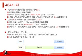 26	
2013 (c) INTERNET MULTIFEED CO.
464XLAT	
  
  PLAT: Provider side translator(XLAT)
  ISP側に設置される集約装置
  RFC6146(NAT-64)に基づくステートフルなトランスレータ
  グローバルIPv6アドレスからグローバルIPv4アドレスへの	
  1:n の変換を⾏行行う
  CLAT: Customer side translator(XLAT)
  エンドユーザのゲートウェイとして設置される装置
  RFC6145に基づくステートレスなトランスレータ
  プライベートIPv4アドレスからグローバルIPv6アドレスへの	
  1:1 の変換を⾏行行う
  アドレスフォーマット
  96-bit IPv6プレフィックス付加と32-bit IPv4アドレス埋め込み
  シンプルなアドレスフォーマット
96-bit	
  
32-bit	
  
32-bit	
  
IPv4	
  
IPv6	
  
 