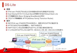 29	
2013 (c) INTERNET MULTIFEED CO.
DS-Lite	
  
  概要
  IPv4 over IPv6カプセル化とCGNを組み合わせた技術[RFC6333]
  Dual StackよりライトにDual Stackが実現できるからDual Stack Lite
  CPE機器をB4 (Basic Bridging BroadBand)と呼ぶ
  プロバイダ側機器を AFTR (Address Family Transition Router)
  動作
  B4でIPv4 over IPv6のカプセル化を⾏行行い、設定されたAFTRに転送する
  AFTRではカプセル化を解除し、NAPT44を⾏行行う
  NAPTではトンネルのB4側のIPv6アドレスで加⼊入者を区別する
  トンネルのIPv4アドレスにはAFTR: 192.0.0.1/29, B4: 192.0.0.2/29を使う
IPv4 over IPv6	
   IPv4	
  
AFTR	
  
IPv4 over IPv6カプセル化
＋ステートフル44変換(CGN)	
  
IPv4	
  
B4	
  
IPv4 over IPv6カプセル化
エンドユーザ	
  
ISP	
   インターネット	
  
 
