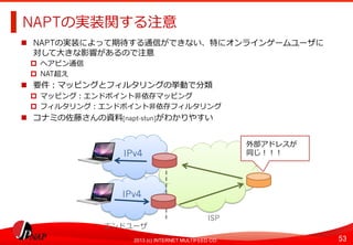 53	
2013 (c) INTERNET MULTIFEED CO.
NAPTの実装関する注意	
  
  NAPTの実装によって期待する通信ができない、特にオンラインゲームユーザに
対して⼤大きな影響があるので注意
  ヘアピン通信
  NAT超え
  要件：マッピングとフィルタリングの挙動で分類
  マッピング：エンドポイント⾮非依存マッピング
  フィルタリング：エンドポイント⾮非依存フィルタリング
  コナミの佐藤さんの資料料[napt-stun]がわかりやすい
IPv4	
  
エンドユーザ	
  
ISP	
  
IPv4	
  
外部アドレスが
同じ！！！
 