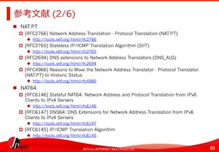 60	
2013 (c) INTERNET MULTIFEED CO.
参考⽂文献 (2/6)	
  
  NAT-PT
  [RFC2766] Network Address Translation - Protocol Translation (NAT-PT)
  http://tools.ietf.org/html/rfc2766
  [RFC2765] Stateless IP/ICMP Translation Algorithm (SIIT)
  http://tools.ietf.org/html/rfc2765
  [RFC2694] DNS extensions to Network Address Translators (DNS_ALG)
  http://tools.ietf.org/html/rfc2694
  [RFC4966] Reasons to Move the Network Address Translator - Protocol Translator
(NAT-PT) to Historic Status
  http://tools.ietf.org/html/rfc4966
  NAT64
  [RFC6146] Stateful NAT64: Network Address and Protocol Translation from IPv6
Clients to IPv4 Servers
  http://tools.ietf.org/html/rfc6146
  [RFC6147] DNS64: DNS Extensions for Network Address Translation from IPv6
Clients to IPv4 Servers
  http://tools.ietf.org/html/rfc6147
  [RFC6145] IP/ICMP Translation Algorithm
  http://tools.ietf.org/html/rfc6145
 