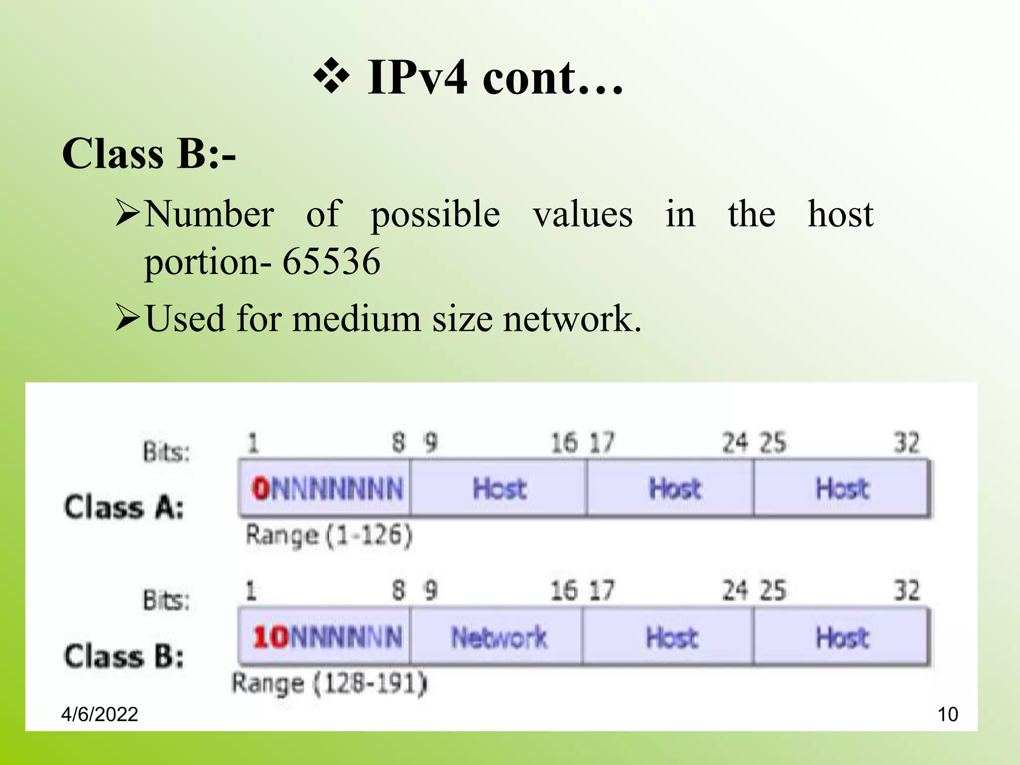  IPv4 cont…
Class B:-
Number of possible values in the host
portion- 65536
Used for medium size network.
4/6/2022 10
 