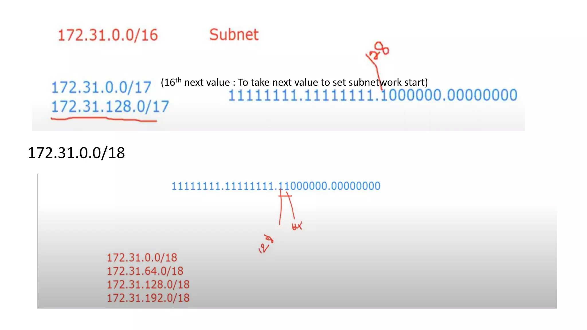 172.31.0.0/18
(16th next value : To take next value to set subnetwork start)
 