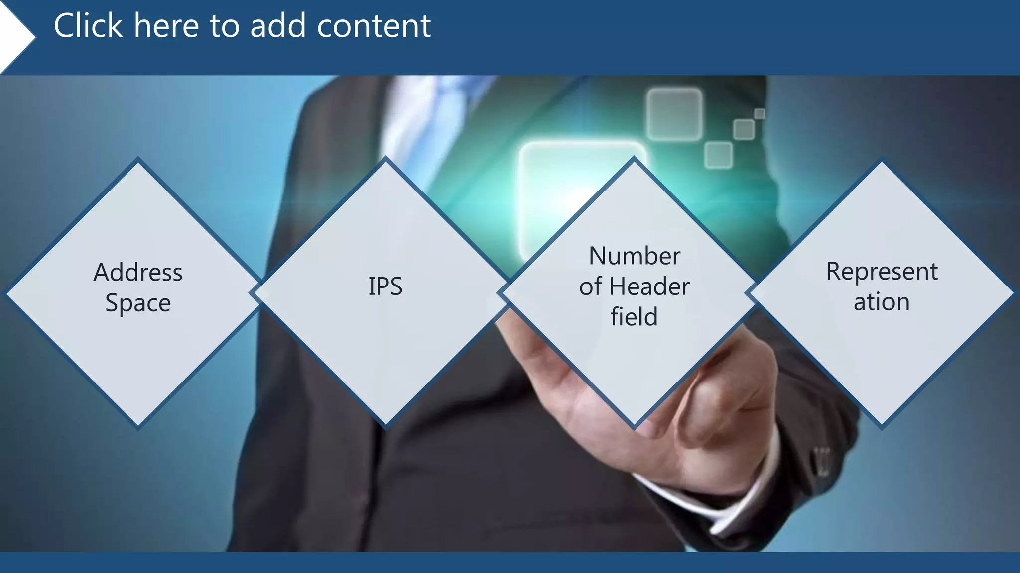Click here to add content
Address
Space
IPS
Number
of Header
field
Represent
ation
 