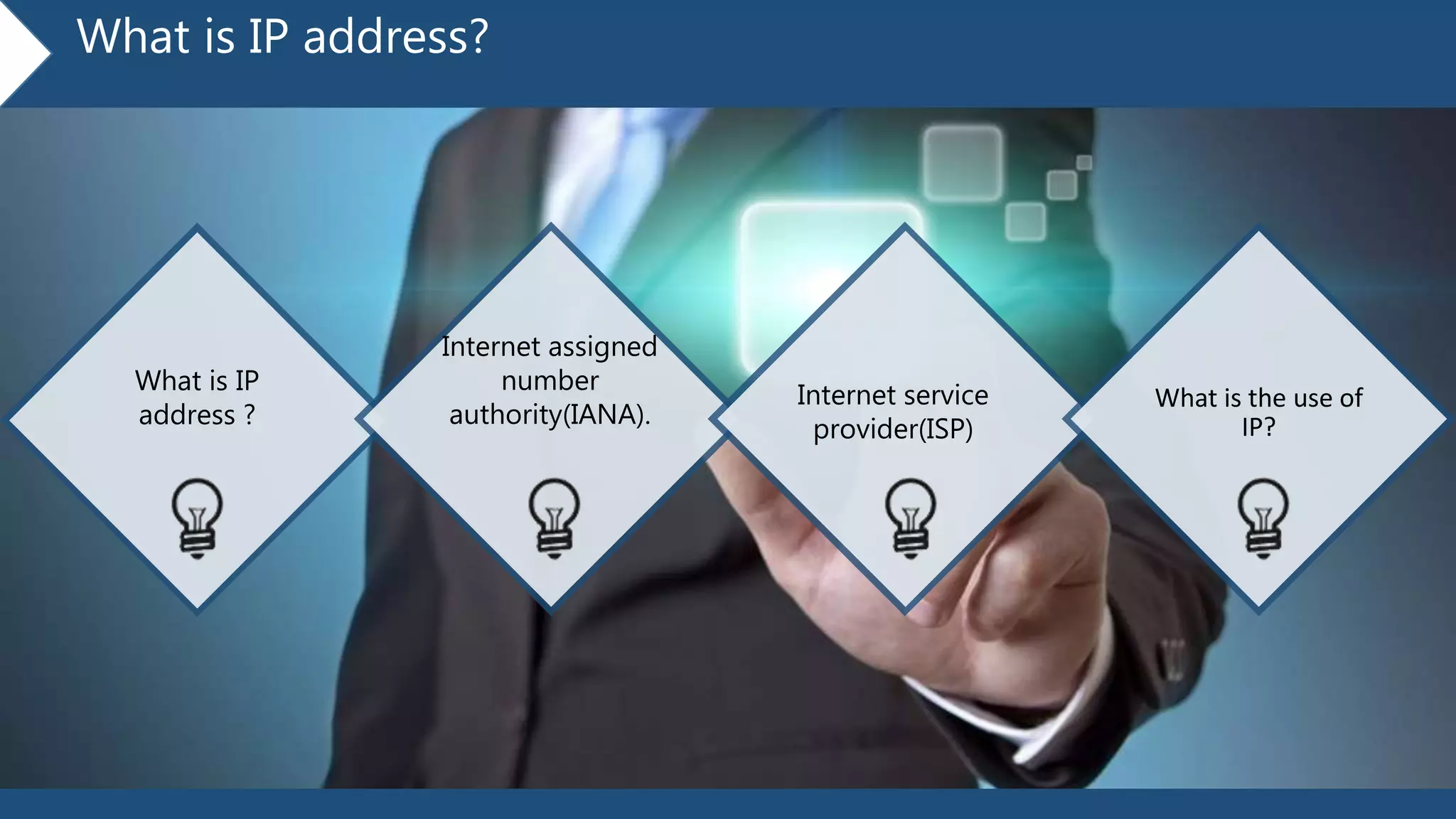 What is IP address?
What is IP
address ?
Internet assigned
number
authority(IANA).
Internet service
provider(ISP)
What is the use of
IP?
 