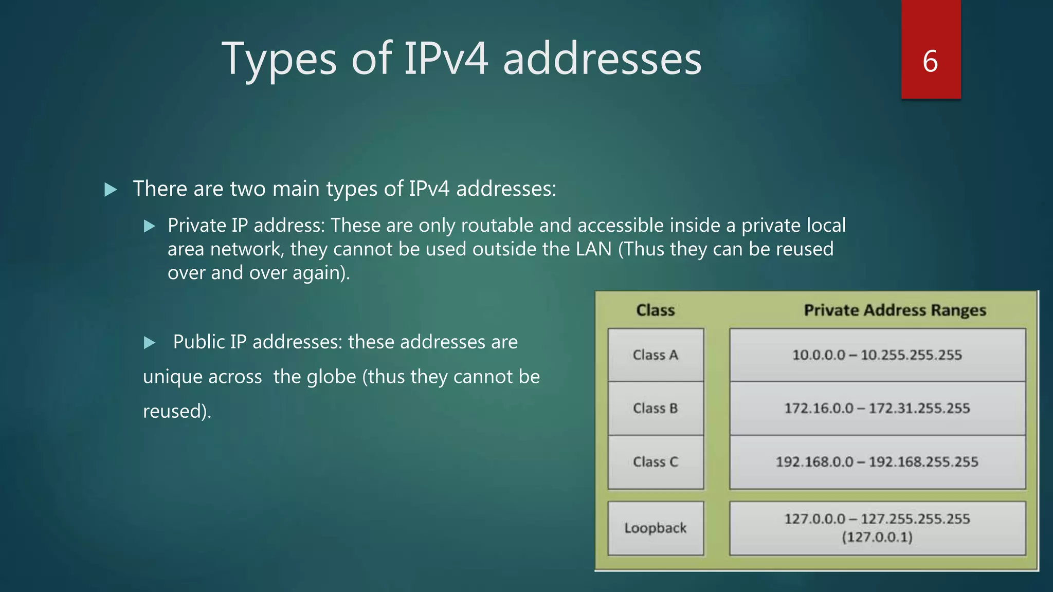 Types of IPv4 addresses
 There are two main types of IPv4 addresses:
 Private IP address: These are only routable and accessible inside a private local
area network, they cannot be used outside the LAN (Thus they can be reused
over and over again).
 Public IP addresses: these addresses are
unique across the globe (thus they cannot be
reused).
6
 