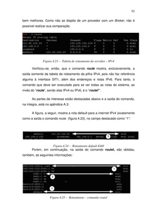 92

bem melhores. Como não se dispõe de um provedor com um Broker, não é
possível realizar sua comparação.




              Figura 4.23 – Tabela de roteamento do servidor – IPv4

      Verificou-se, então, que o comando route mostra, exclusivamente, a
saída somente da tabela de roteamento da pilha IPv4, pois não faz referência
alguma à interface SIT1, além dos endereços e rotas IPv6. Para tanto, o
comando que deve ser executado para se ver todas as rotas do sistema, ao
invés do “route”, sendo elas IPv4 ou IPv6, é o “routel””.

      As partes de interesse estão destacadas abaixo e a saída do comando,
na íntegra, está no apêndice A.3:

      A figura, a seguir, mostra a rota default para a internet IPv4 (exatamente
como a saída o comando route (figura 4.23), no campo destacado como “1”:




                  Figura 4.24 – Roteamento default Eth0
      Porém, em continuação, na saída do comando routel, são obtidas,
também, as seguintes informações:




                   Figura 4.25 – Roteamento – comando routel
 