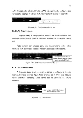 97

>LAN (Tráfego entre a Internet IPv4 e a LAN). No experimento, configurou-se a
regra aceitar todo tipo de tráfego IPv4, não importando a zona ou o sentido.




                     Figura 4.30 – Configuração de tráfegos

4.2.1.3.7.3 Arquivo masq

        O arquivo masq é configurado no roteador de borda somente para
habilitar o mascaramento (NAT no Linux) na interface de saída para internet
eth0.

        Pode também ser utilizado para criar mascaramento entre outras
interfaces IPv4, porém este processo não será abordado neste trabalho.




                   Figura 4.31 – Habilita o mascaramento (NAT)

4.2.1.3.7.4 Arquivo zones

        A finalidade deste arquivo é criar as zonas e configurar o tipo das
mesmas. Como no exemplo (figura 4.32), a versão do IP (IPv4) ou a máquina
firewall (interface loopback). Estas zonas são as utilizadas no arquivo
inferfaces.




                           Figura 4.32 – Tipo de zonas
 