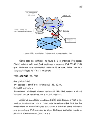 108




           Figura 5.11 – Topologia – Comunicação através de túnel 6to4


      Como pode ser verificado na figura 5.12, o endereço IPv6 escopo
Global, atribuído pelo túnel 6to4, contempla o endereço IPv4 201.45.120.70
que, convertido para hexadecimal, torna-se c9.2d.78.46. Assim, tem-se a
completa formação do endereço IPv6 6to4:

2002:c92d:7846::c92d:7846

6to4 prefix = 2002,
IPv4 address = c92d:7846 (decimal é 201.45.120.70),
Subnet ID suprimido = ::
Bits restantes definido pelo sistema operacional: c92d:7846, sendo que não foi
utilizado o EUI-64 (construído com o MAC da interface).

      Apesar de não utilizar o endereço EUI-64 para designar o host, o 6to4
funciona perfeitamente, porque o importante no endereço IPv6 6to4 é o IPv4
transformado em hexadecimal para que, assim, o relay 6to4 possa descobrir a
rota e o endereço IPv4 (endereço do cliente 6to4) para qual vai se mandar os
pacotes IPv6 encapsulados (protocolo 41).
 