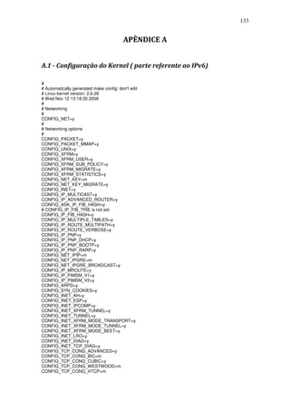 133


                                         APÊNDICE A


A.1 - Configuração do Kernel ( parte referente ao IPv6)

#
# Automatically generated make config: don't edit
# Linux kernel version: 2.6.26
# Wed Nov 12 13:18:35 2008
#
# Networking
#
CONFIG_NET=y
#
# Networking options
#
CONFIG_PACKET=y
CONFIG_PACKET_MMAP=y
CONFIG_UNIX=y
CONFIG_XFRM=y
CONFIG_XFRM_USER=y
CONFIG_XFRM_SUB_POLICY=y
CONFIG_XFRM_MIGRATE=y
CONFIG_XFRM_STATISTICS=y
CONFIG_NET_KEY=m
CONFIG_NET_KEY_MIGRATE=y
CONFIG_INET=y
CONFIG_IP_MULTICAST=y
CONFIG_IP_ADVANCED_ROUTER=y
CONFIG_ASK_IP_FIB_HASH=y
# CONFIG_IP_FIB_TRIE is not set
CONFIG_IP_FIB_HASH=y
CONFIG_IP_MULTIPLE_TABLES=y
CONFIG_IP_ROUTE_MULTIPATH=y
CONFIG_IP_ROUTE_VERBOSE=y
CONFIG_IP_PNP=y
CONFIG_IP_PNP_DHCP=y
CONFIG_IP_PNP_BOOTP=y
CONFIG_IP_PNP_RARP=y
CONFIG_NET_IPIP=m
CONFIG_NET_IPGRE=m
CONFIG_NET_IPGRE_BROADCAST=y
CONFIG_IP_MROUTE=y
CONFIG_IP_PIMSM_V1=y
CONFIG_IP_PIMSM_V2=y
CONFIG_ARPD=y
CONFIG_SYN_COOKIES=y
CONFIG_INET_AH=y
CONFIG_INET_ESP=y
CONFIG_INET_IPCOMP=y
CONFIG_INET_XFRM_TUNNEL=y
CONFIG_INET_TUNNEL=y
CONFIG_INET_XFRM_MODE_TRANSPORT=y
CONFIG_INET_XFRM_MODE_TUNNEL=y
CONFIG_INET_XFRM_MODE_BEET=y
CONFIG_INET_LRO=y
CONFIG_INET_DIAG=y
CONFIG_INET_TCP_DIAG=y
CONFIG_TCP_CONG_ADVANCED=y
CONFIG_TCP_CONG_BIC=m
CONFIG_TCP_CONG_CUBIC=y
CONFIG_TCP_CONG_WESTWOOD=m
CONFIG_TCP_CONG_HTCP=m
 