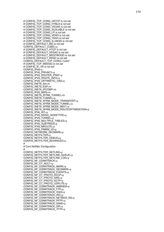 134

# CONFIG_TCP_CONG_HSTCP is not set
# CONFIG_TCP_CONG_HYBLA is not set
# CONFIG_TCP_CONG_VEGAS is not set
# CONFIG_TCP_CONG_SCALABLE is not set
# CONFIG_TCP_CONG_LP is not set
# CONFIG_TCP_CONG_VENO is not set
# CONFIG_TCP_CONG_YEAH is not set
# CONFIG_TCP_CONG_ILLINOIS is not set
# CONFIG_DEFAULT_BIC is not set
CONFIG_DEFAULT_CUBIC=y
# CONFIG_DEFAULT_HTCP is not set
# CONFIG_DEFAULT_VEGAS is not set
# CONFIG_DEFAULT_WESTWOOD is not set
# CONFIG_DEFAULT_RENO is not set
CONFIG_DEFAULT_TCP_CONG="cubic"
# CONFIG_TCP_MD5SIG is not set
# CONFIG_IP_VS is not set
CONFIG_IPV6=y
CONFIG_IPV6_PRIVACY=y
CONFIG_IPV6_ROUTER_PREF=y
CONFIG_IPV6_ROUTE_INFO=y
CONFIG_IPV6_OPTIMISTIC_DAD=y
CONFIG_INET6_AH=m
CONFIG_INET6_ESP=m
CONFIG_INET6_IPCOMP=m
CONFIG_IPV6_MIP6=m
CONFIG_INET6_XFRM_TUNNEL=m
CONFIG_INET6_TUNNEL=y
CONFIG_INET6_XFRM_MODE_TRANSPORT=y
CONFIG_INET6_XFRM_MODE_TUNNEL=y
CONFIG_INET6_XFRM_MODE_BEET=y
CONFIG_INET6_XFRM_MODE_ROUTEOPTIMIZATION=y
CONFIG_IPV6_SIT=y
CONFIG_IPV6_NDISC_NODETYPE=y
CONFIG_IPV6_TUNNEL=y
CONFIG_IPV6_MULTIPLE_TABLES=y
CONFIG_IPV6_SUBTREES=y
CONFIG_IPV6_MROUTE=y
CONFIG_IPV6_PIMSM_V2=y
CONFIG_NETWORK_SECMARK=y
CONFIG_NETFILTER=y
CONFIG_NETFILTER_DEBUG=y
CONFIG_NETFILTER_ADVANCED=y
#
# Core Netfilter Configuration
#
CONFIG_NETFILTER_NETLINK=y
CONFIG_NETFILTER_NETLINK_QUEUE=y
CONFIG_NETFILTER_NETLINK_LOG=y
CONFIG_NF_CONNTRACK=y
CONFIG_NF_CT_ACCT=y
CONFIG_NF_CONNTRACK_MARK=y
CONFIG_NF_CONNTRACK_SECMARK=y
CONFIG_NF_CONNTRACK_EVENTS=y
CONFIG_NF_CT_PROTO_DCCP=y
CONFIG_NF_CT_PROTO_GRE=y
CONFIG_NF_CT_PROTO_SCTP=y
CONFIG_NF_CT_PROTO_UDPLITE=y
CONFIG_NF_CONNTRACK_AMANDA=y
CONFIG_NF_CONNTRACK_FTP=y
CONFIG_NF_CONNTRACK_H323=y
CONFIG_NF_CONNTRACK_IRC=y
CONFIG_NF_CONNTRACK_NETBIOS_NS=y
CONFIG_NF_CONNTRACK_PPTP=y
CONFIG_NF_CONNTRACK_SANE=y
CONFIG_NF_CONNTRACK_SIP=y
CONFIG_NF_CONNTRACK_TFTP=y
 