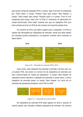 14

para quatro campo do cabeçalho IPv4; o campo “type of service” foi substituído
por “Trafic Class”; o campo “Protocol Type” pelo campo “Next Header”; o
campo “Total Length” pelo campo “Payload Lenth” e o campo “Time to Live”
substituído pelo campo “Hop Limit” no IPv6. E, finalmente, foi adicionado um
campo denominado “Flow Label”, fazendo com que um cabeçalho IPv4 com
treze campos se torna um IPv6 de oito campos com quarenta octetos fixos.

      Ao contrário do IPv4, que define opções para o cabeçalho, no IPv6 as
opções são abrangidas por cabeçalhos de extensão, sendo que estes podem
ser inseridos quando necessários e, se possível, omitidos como mostrado na
figura abaixo:




                 Figura 2.6 – Cabeçalho de expansão IPv6 e IPv4

      Caso exista, cada cabeçalho de extensão é alinhado a 64 bits, pois, em
um pacote IPv6, não existe um número fixo de cabeçalhos de extensão; por
isso a denominação de “cadeia de cabeçalhos”. O campo “Next Header” do
cabeçalho anterior identifica o cabeçalho de extensão e, sendo assim, o último
cabeçalho de extensão possui no campo “Next Header” um nome de um
protocolo de camada de transporte, como TCP ou UDP:




                    Figura 2.7 – Cabeçalho de extensão IPv6

      Os cabeçalhos de extensão IPv6 estão ligados em série e, quando no
mesmo pacote, são utilizados múltiplos cabeçalhos de extensão. Os mesmos
 