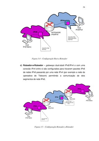 34




           Figura 3.4 – Configuração Host a Roteador


c) Roteador-a-Roteador – gateways dual-stack IPv6/IPv4 e com uma
  conexão IPv4 entre si são configurados para trocarem pacotes IPv6
  de redes IPv6 passando por uma rede IPv4 (por exemplo a rede da
  operadora   de Telecom) permitindo       a comunicação      de   dois
  segmentos de rede IPv6;




              Figura 3.5 – Configuração Roteador a Roteador
 