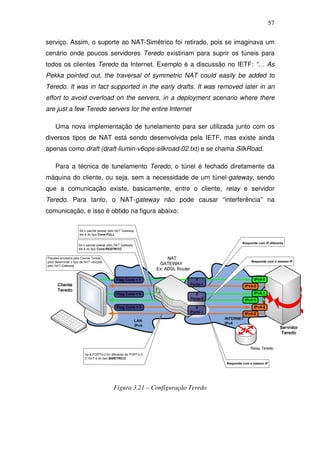 57

serviço. Assim, o suporte ao NAT-Simétrico foi retirado, pois se imaginava um
cenário onde poucos servidores Teredo existiriam para suprir os túneis para
todos os clientes Teredo da Internet. Exemplo é a discussão no IETF: “… As
Pekka pointed out, the traversal of symmetric NAT could easily be added to
Teredo. It was in fact supported in the early drafts. It was removed later in an
effort to avoid overload on the servers, in a deployment scenario where there
are just a few Teredo servers for the entire Internet

   Uma nova implementação de tunelamento para ser utilizada junto com os
diversos tipos de NAT está sendo desenvolvida pela IETF, mas existe ainda
apenas como draft (draft-liumin-v6ops-silkroad-02.txt) e se chama SilkRoad.

   Para a técnica de tunelamento Teredo, o túnel é fechado diretamente da
máquina do cliente, ou seja, sem a necessidade de um túnel-gateway, sendo
que a comunicação existe, basicamente, entre o cliente, relay e servidor
Teredo. Para tanto, o NAT-gateway não pode causar “interferência” na
comunicação, e isso é obtido na figura abaixo:




                        Figura 3.21 – Configuração Teredo
 