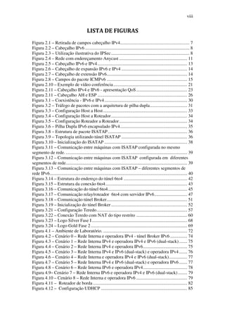 viii


                                             LISTA DE FIGURAS
Figura 2.1 – Retirada de campos cabeçalho IPv4 ............................................................. 7
Figura 2.2 – Cabeçalho IPv6 ............................................................................................ 8
Figura 2.3 – Utilização ilustrativa do IPSec ..................................................................... 8
Figura 2.4 – Rede com endereçamento Anycast ............................................................ 11
Figura 2.5 – Cabeçalho IPv6 e IPv4 ............................................................................... 13
Figura 2.6 – Cabeçalho de expansão IPv6 e IPv4 .......................................................... 14
Figura 2.7 – Cabeçalho de extensão IPv6....................................................................... 14
Figura 2.8 – Campos do pacote ICMPv6 ....................................................................... 15
Figura 2.10 – Exemplo de vídeo conferência ................................................................. 21
Figura 2.11 – Cabeçalho IPv4 e IPv6 - apresentação QoS ............................................. 23
Figura 2.11 – Cabeçalho AH e ESP ............................................................................... 26
Figura 3.1 – Coexistência - IPv6 e IPv4 ......................................................................... 30
Figura 3.2 – Tráfego de pacotes com a arquitetura de pilha dupla................................. 31
Figura 3.3 – Configuração Host a Host .......................................................................... 33
Figura 3.4 – Configuração Host a Roteador ................................................................... 34
Figura 3.5 – Configuração Roteador a Roteador ............................................................ 34
Figura 3.6 – Pilha Dupla IPv6 encapsulado IPv4 ........................................................... 35
Figura 3.8 – Estrutura de pacote ISATAP ...................................................................... 36
Figura 3.9 – Topologia utilizando túnel ISATAP .......................................................... 36
Figura 3.10 – Inicialização do ISATAP ......................................................................... 38
Figura 3.11 – Comunicação entre máquinas com ISATAP configurada no mesmo
segmento de rede. ........................................................................................................... 39
Figura 3.12 – Comunicação entre máquinas com ISATAP configurada em diferentes
segmentos de rede. .......................................................................................................... 39
Figura 3.13 – Comunicação entre máquinas com ISATAP – diferentes segmentos de
rede IPv6 ......................................................................................................................... 40
Figura 3.14 – Estrutura do endereço do túnel 6to4 ........................................................ 42
Figura 3.15 – Estrutura da conexão 6to4 ........................................................................ 43
Figura 3.16 – Comunicação do túnel 6to4...................................................................... 45
Figura 3.17 – Comunicação relay/roteador 6to4 com servidor IPv6 ............................. 47
Figura 3.18 – Comunicação túnel Broker....................................................................... 51
Figura 3.19 – Inicialização do túnel Broker ................................................................... 52
Figura 3.21 – Configuração Teredo ................................................................................ 57
Figura 3.22 – Conexão Teredo com NAT do tipo restrito ............................................. 60
Figura 3.23 – Logo Silver Fase I .................................................................................... 68
Figura 3.24 – Logo Gold Fase 2 ..................................................................................... 69
Figura 4.1 – Ambiente de Laboratório. .......................................................................... 72
Figura 4.2 – Cenário 0 – Rede Interna e operadora IPv4 - túnel Broker IPv6 ............... 74
Figura 4.3 – Cenário 1 – Rede Interna IPv4 e operadora IPv4 e IPv6 (dual-stack) ....... 75
Figura 4.4 – Cenário 2 – Rede Interna IPv4 e operadora IPv6 ....................................... 75
Figura 4.5 – Cenário 3 – Rede Interna IPv4 e IPv6 (dual-stack) e operadora IPv4 ....... 76
Figura 4.6 – Cenário 4 – Rede Interna e operadora IPv4 e IPv6 (dual-stack) ................ 77
Figura 4.7 – Cenário 5 – Rede Interna IPv4 e IPv6 (dual-stack) e operadora IPv6 ....... 77
Figura 4.8 – Cenário 6 – Rede Interna IPv6 e operadora IPv4 ....................................... 78
Figura 4.9– Cenário 7 – Rede Interna IPv6 e operadora IPv4 e IPv6 (dual-stack) ........ 79
Figura 4.10 – Cenário 8 – Rede Interna e operadora IPv6 ............................................. 79
Figura 4.11 – Roteador de borda ................................................................................... 82
Figura 4.12 – Configuração UDHCP ............................................................................ 85
 
