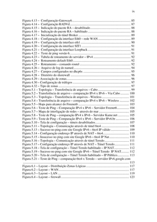 ix

Figura 4.13 – Configuração Gateway6 .......................................................................... 85
Figura 4.14 – Configuração RADVd ............................................................................. 87
Figura 4.15 – Indicação do pacote RA – desabilitado ................................................... 88
Figura 4.16 – Indicação do pacote RA – habilitado ...................................................... 88
Figura 4.17 – Inicialização do túnel Broker .................................................................. 89
Figura 4.18 – Configuração da interface Eth0 – rede WAN ......................................... 89
Figura 4.19 – Configuração da interface eth1 ............................................................... 90
Figura 4.20 – Configuração da interface SIT1 .............................................................. 91
Figura 4.21 – Configuração da interface Loopback ...................................................... 91
Figura 4.22 – Teste de ping versão 6 ............................................................................. 91
Figura 4.23 – Tabela de roteamento do servidor – IPv4 ............................................... 92
Figura 4.24 – Roteamento default Eth0 ......................................................................... 92
Figura 4.25 – Roteamento – comando routel ................................................................ 92
Figura 4.26 – Arquivo de log do named ........................................................................ 94
Figura 4.27 – Campos configurados no dhcp6s ............................................................ 95
Figura 4.28 – Diretório do shorewall ............................................................................ 96
Figura 4.29 – Associação de zonas................................................................................. 96
Figura 4.30 – Configuração de tráfegos ......................................................................... 97
Figura 4.32 – Tipo de zonas ........................................................................................... 97
Figura 5.1 – Topologia – Transferência de arquivos – Cabo ......................................... 99
Figura 5.2 – Transferência de arquivo – comparação IPv4 x IPv6 – Via Cabo ........... 100
Figura 5.3 – Topologia – Transferência de arquivos - Wireless .................................. 101
Figura 5.4 – Transferência de arquivo – comparação IPv4 x IPv6 – Wireless ............ 102
Figura 5.5 – Hops para alcance do Freenet6 ................................................................ 103
Figura 5.6 – Teste de Ping – Comparação IPv4 x IPv6 – Servidor Freenet6 ............... 104
Figura 5.7 – Mapa de interligação de redes – através do mar ...................................... 105
Figura 5.8 – Teste de Ping – comparação IPv4 x IPv6 – Servidor Kame.net .............. 105
Figura 5.9 – Teste de Ping – Comparação IPv4 x IPv6 – Servidor IPv6.br ................. 106
Figura 5.10 – Tela de configuração – túneis desabilitados........................................... 107
Figura 5.11 – Topologia – Comunicação através de túnel 6to4 ................................... 108
Figura 5.13 – Sucesso no ping com site Google IPv6 – 6to4 IP válido ....................... 109
Figura 5.14 – Configuração endereço IP através de NAT – 6to4................................. 110
Figura 5.15 – Insucesso no ping com site Google IPv6 – 6to4 IP Nat ......................... 110
Figura 5.16 – Topologia – Comunicação através de túnel Teredo ............................... 111
Figura 5.17 – Configuração endereço IP através de NAT – Túnel Teredo .................. 111
Figura 5.18 – Tela de configuração – Túnel Teredo habilitado – IP NAT................... 112
Figura 5.19 – Sucesso no ping com site Google IPv6 – Túnel Teredo IP NAT.......... 112
Figura 5.20 – Tela de configuração – Túnel Teredo habilitado – IP Público............... 113
Figura 5.21 – Teste de Ping – comparação 6to4 x Teredo – servidor IPv6.google.com
...................................................................................................................................... 113
Figura 6.1 – Layout – Distribuição Zonas Lógicas ...................................................... 117
Figura 6.2 – Layout – WAN ......................................................................................... 117
Figura 6.3 – Layout – LAN .......................................................................................... 119
Figura 6.4 – Layout – firewall ...................................................................................... 123
 